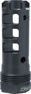 Black firearm muzzle brake with vent holes