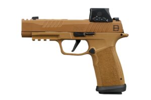 Tan semi-automatic handgun with red dot sight.