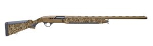 Camouflage-pattern hunting rifle, brown finish.