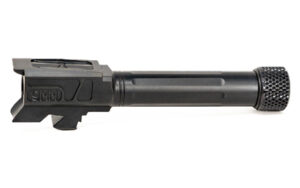 Black 9mm pistol barrel on white background.