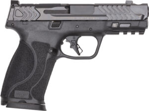 Black handgun with textured grip and slide