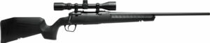 Black hunting rifle with scope on white background.