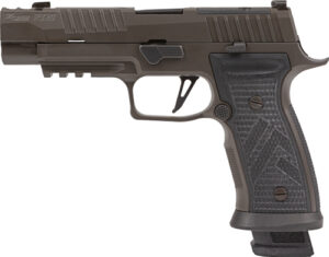 Black handgun with textured grip.
