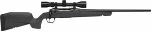 Black hunting rifle with mounted scope.