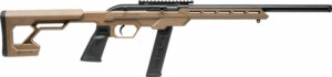 Savage semi-automatic rifle, tan stock, black barrel.