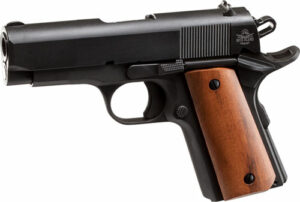 Black handgun with wooden grip.