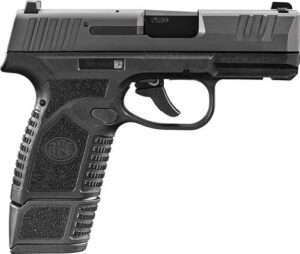 Semi-automatic handgun side view, black and silver design.