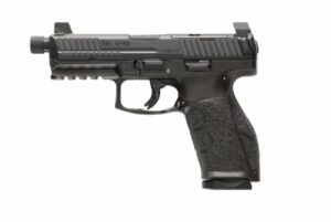 Black handgun with textured grip side view.