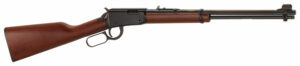 Lever-action rifle with wooden stock, side view.