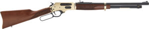 Lever-action rifle with wooden stock and brass finish.
