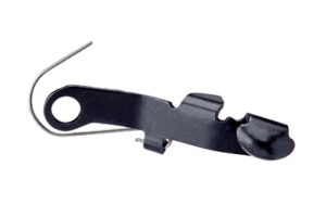 Black metal bottle opener on white background.