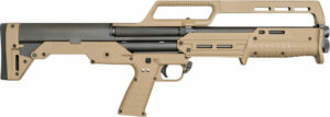 Tan tactical shotgun, side view, modern design.