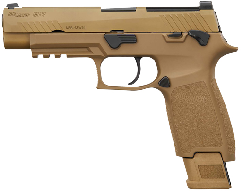 Tan handgun with black accents on a white background.