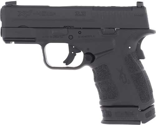 Black handgun side view, textured grip visible