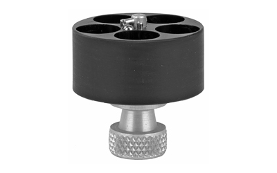 Black cylinder with metal base, four holes.