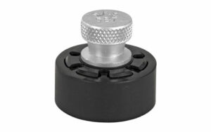 Metal knob with round black base on white background.