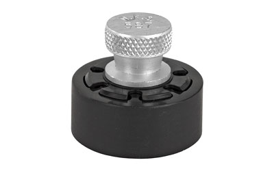 Metal knob with round black base on white background.