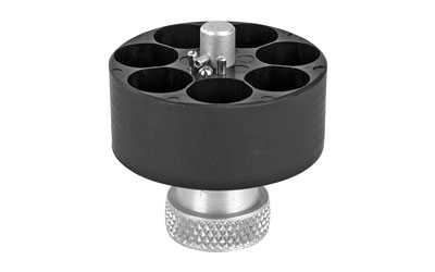 Black and silver speedloader for revolver ammunition.