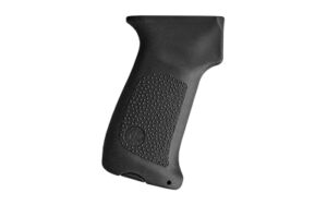 Black textured firearm grip with ergonomic design.