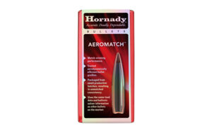 Hornady Aeromatch bullet packaging, red design.