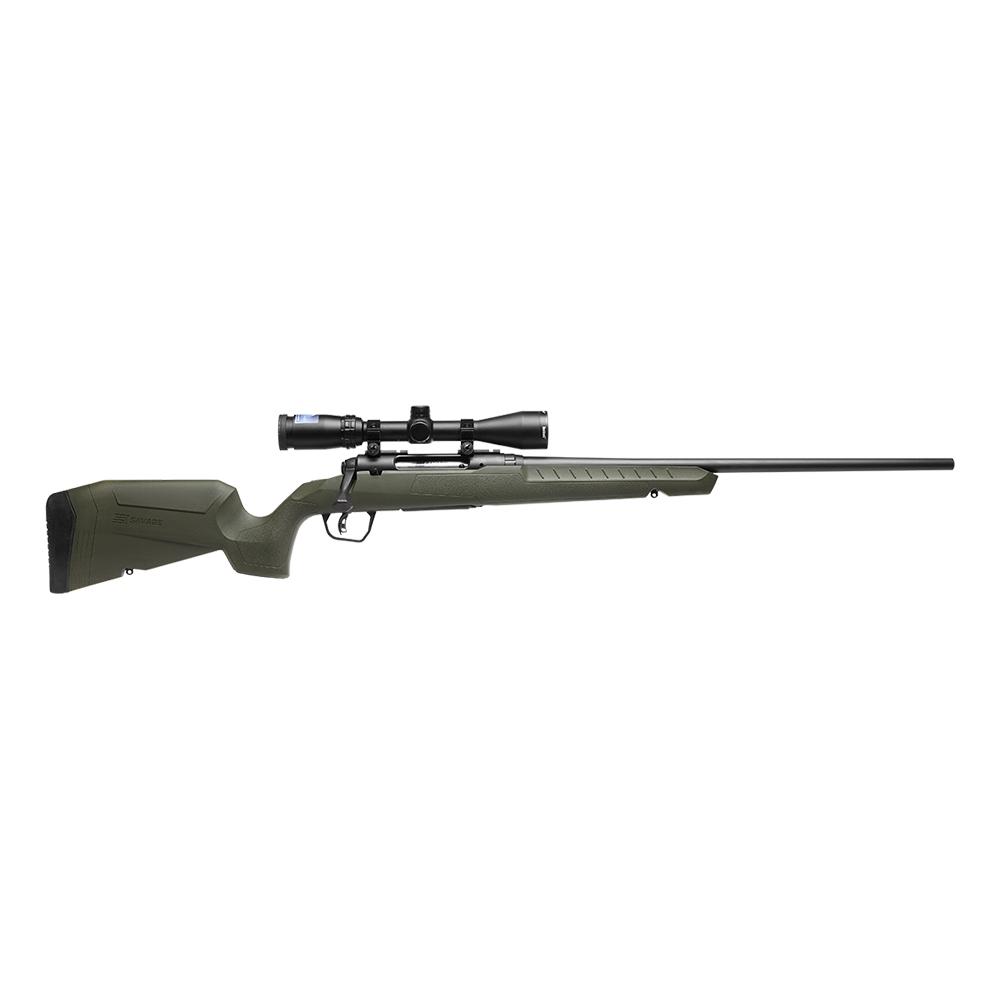 Bolt-action rifle with scope on white background.