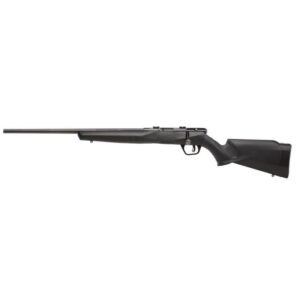 Bolt-action hunting rifle, black synthetic stock.
