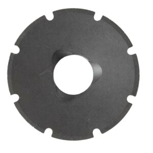 Circular black metal cutting blade with slots.