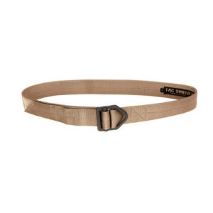 Khaki tactical belt with black buckle.