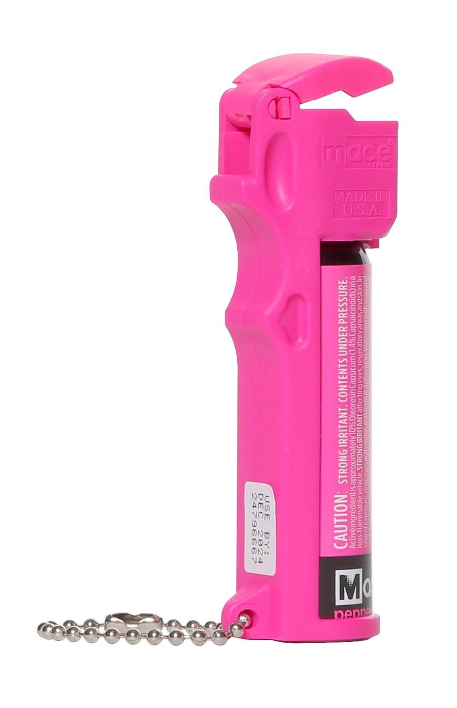 Pink pepper spray can with keychain.