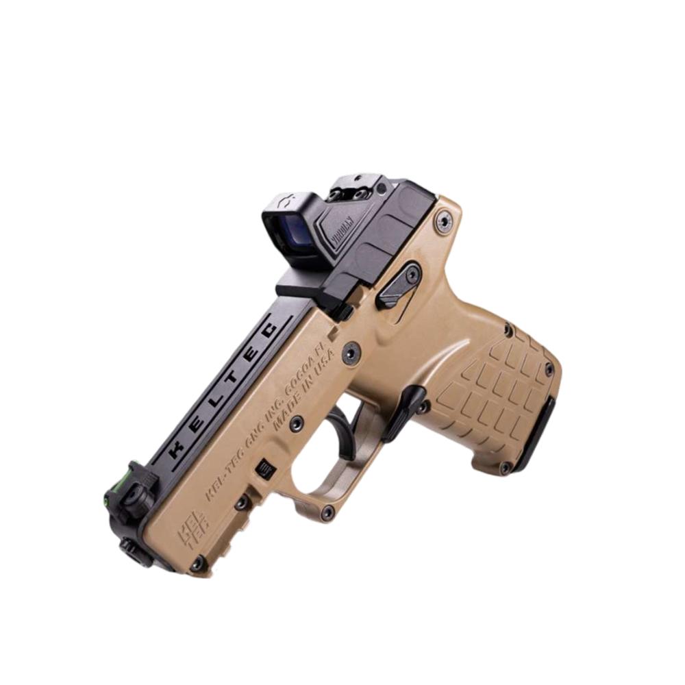 Tactical tan pistol with optic sight attachment.