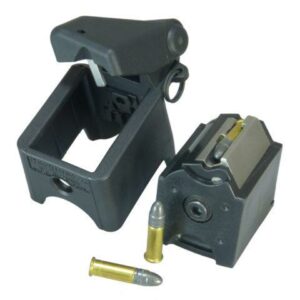 Rifle magazine with speed loader and bullets.
