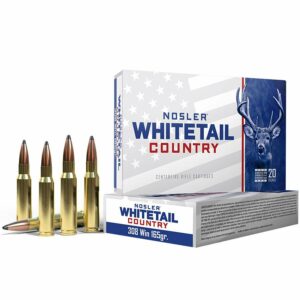 Nosler Whitetail Country rifle cartridges, box and bullets