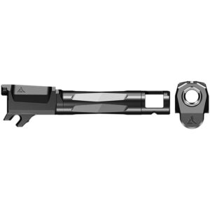 Black rifle barrel and muzzle brake close-up.