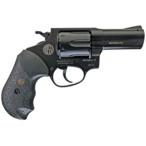 Black revolver firearm with textured grip.