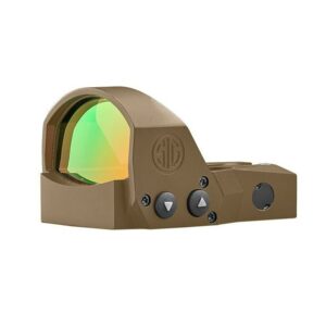 Tactical red dot sight with adjustment buttons.