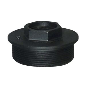 Black plastic pipe coupling fitting, threaded ends.