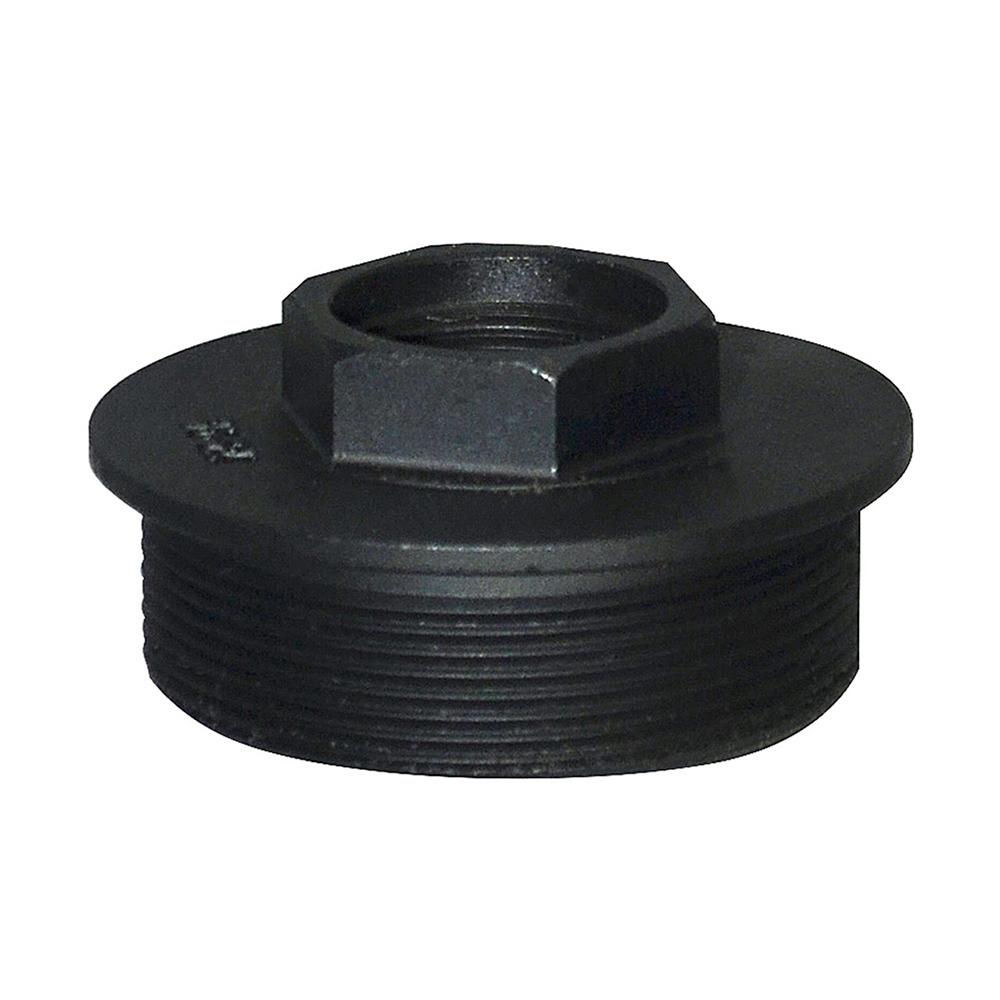 Black plastic pipe coupling fitting, threaded ends.