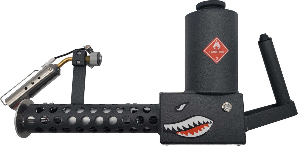 Metal flamethrower with shark design and flammable warning.