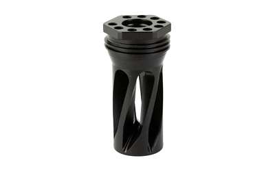 Black metal muzzle brake with hexagonal head.
