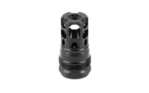 Black metal muzzle brake for firearms.