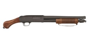 Pump-action shotgun with wooden grip.