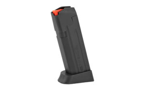 Black magazine with red follower for firearm