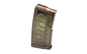 Hexagonal-patterned rifle magazine standing upright