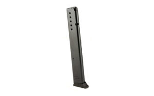 Black metal gun magazine standing upright