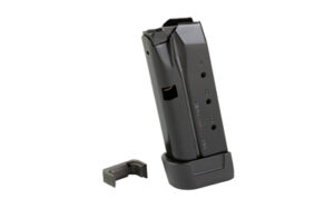 Black firearm magazine with extended baseplate.