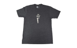 Black t-shirt with a guitar player illustration.