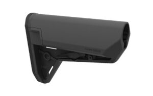 Black adjustable rifle stock on white background.