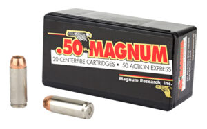 .50 Magnum ammunition box with bullets displayed