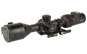 Tactical rifle scope with precision optics and mounts.