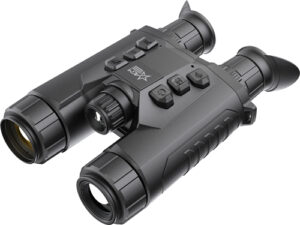Black binoculars with various adjustment buttons and knobs.
